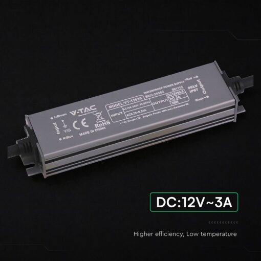 Τροφοδοτικό V-TAC για LED 36W 12V 3A IP67 Αδιάβροχο Μεταλλικό 24262VT