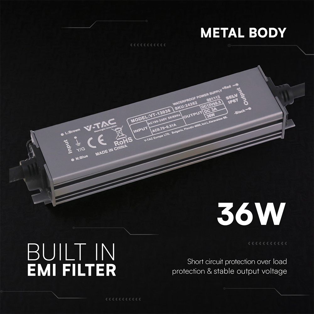Τροφοδοτικό V-TAC για LED 36W 12V 3A IP67 Αδιάβροχο Μεταλλικό 24262VT