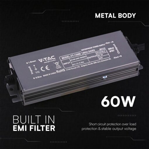 Τροφοδοτικό V-TAC για LED 60W 12V 5A IP67 Αδιάβροχο Μεταλλικό 24263VT
