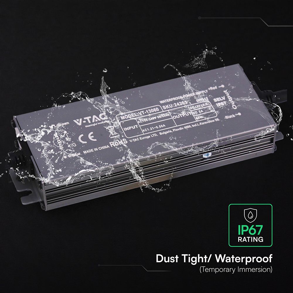 Τροφοδοτικό V-TAC για LED 60W 12V 5A IP67 Αδιάβροχο Μεταλλικό 24263VT