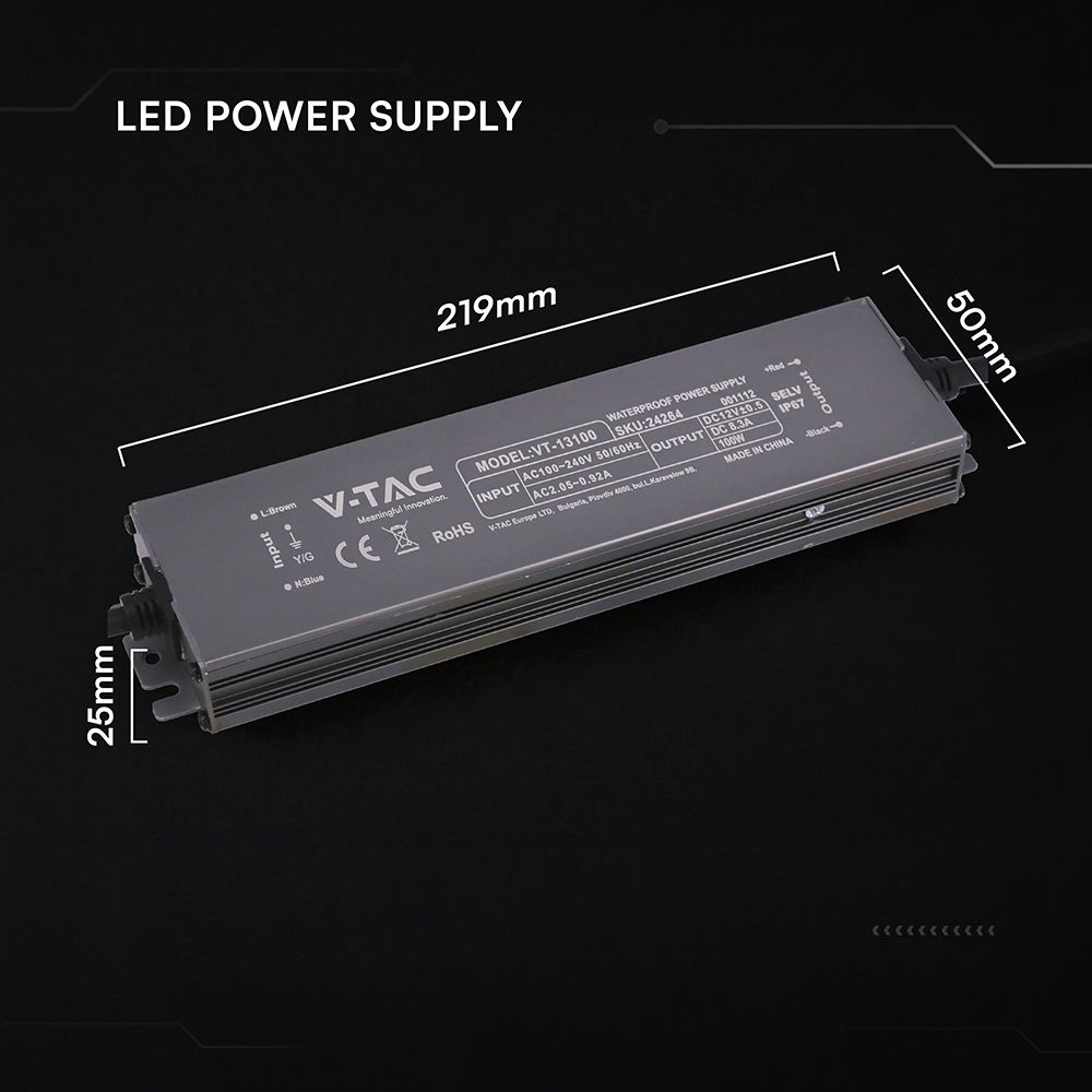 Τροφοδοτικό V-TAC για LED 100W 12V 8.3A IP67 Αδιάβροχο Μεταλλικό 24264VT