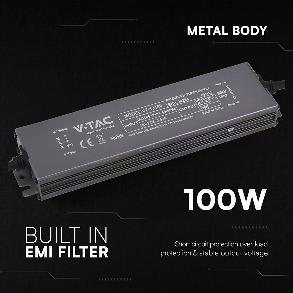 Τροφοδοτικό V-TAC για LED 100W 12V 8.3A IP67 Αδιάβροχο Μεταλλικό 24264VT