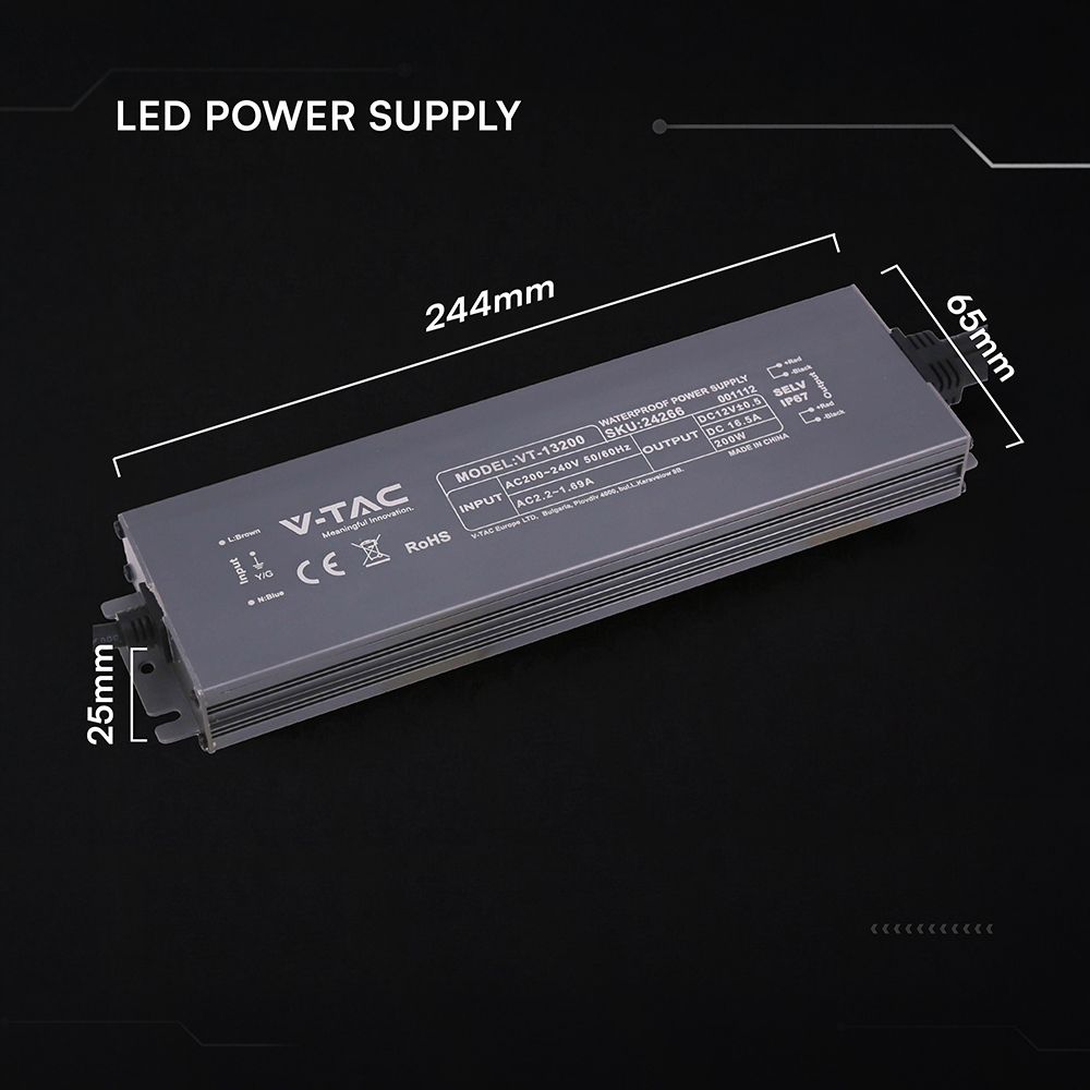 Τροφοδοτικό V-TAC για LED 200W 12V 16.5A IP67 Αδιάβροχο Μεταλλικό 24266VT