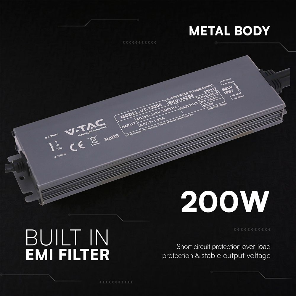 Τροφοδοτικό V-TAC για LED 200W 12V 16.5A IP67 Αδιάβροχο Μεταλλικό 24266VT