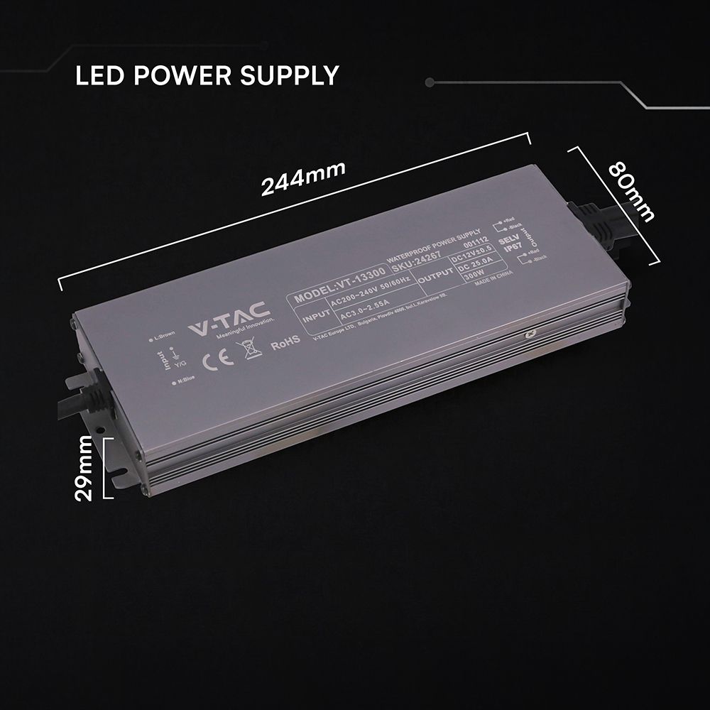 Τροφοδοτικό V-TAC για LED 300W 12V 25A IP67 Αδιάβροχο Μεταλλικό 24267VT