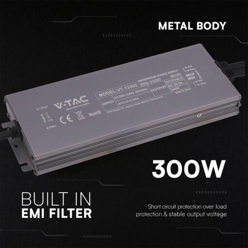 Τροφοδοτικό V-TAC για LED 300W 12V 25A IP67 Αδιάβροχο Μεταλλικό 24267VT