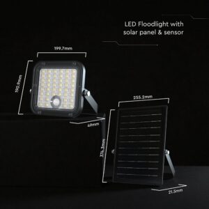 30W LED Ηλιακός Προβολέας Μαύρος CCT 3000lm IP65 με Ανιχνευτή Κίνησης & Τηλεχειριστήριο V-TAC 24277VT