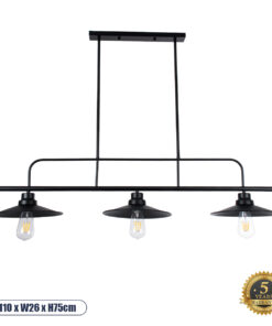 GLOBOSTAR® REGAL 01009 Vintage Φωτιστικό Οροφής με Ντουί 3 x E27 AC 220-240V IP20 - Μαύρο - Μ110 x Π26 x Υ75cm