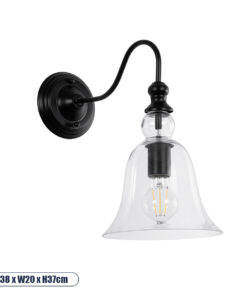 GLOBOSTAR® LILLY 01064 Vintage Φωτιστικό Τοίχου - Απλίκα με Ντουί 1 x E27 AC 220-240V IP20 - Μαύρο & Διάφανο - Μ38 x Π20 x Υ37cm