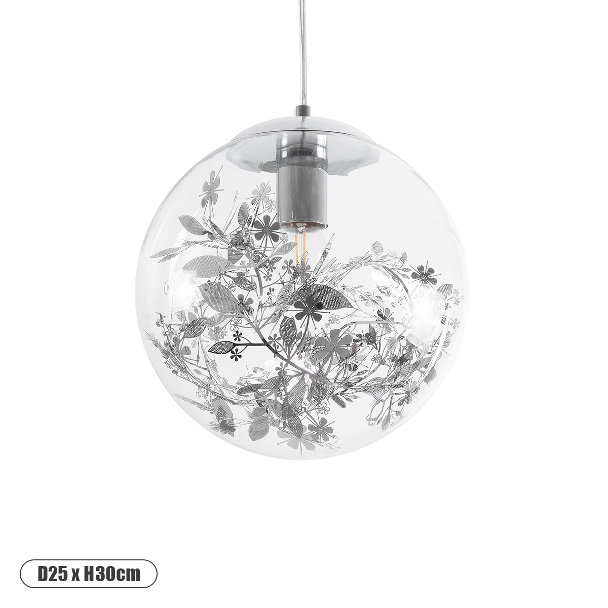 GLOBOSTAR® HARPER 01510 Μοντέρνο Κρεμαστό Φωτιστικό Οροφής με Ντουί 1 x E27 AC 220-240V IP20 - Διάφανο & Ασημί - Μ25 x Π25 x Υ30cm