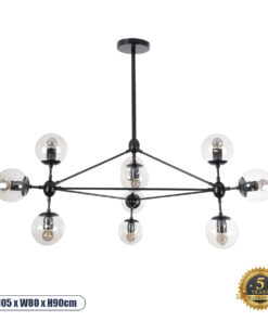 GLOBOSTAR® SENTINEL 01636 Μοντέρνο Φωτιστικό Οροφής με Ντουί 10 x E27 AC 220-240V IP20 - Μαύρο & Διάφανο - Μ105 x Π80 x Υ90cm