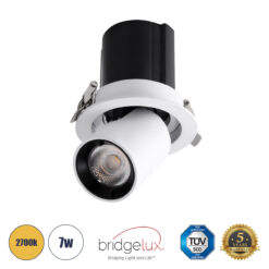 GLOBOSTAR® VIRGO-S 60303 Χωνευτό Κινούμενο Downlight Σποτ LED 7W 875lm 36° AC 220-240V IP20 Θερμό Λευκό 2700K - Bridgelux COB Chip & TÜV SÜD Driver - Λευκό & Μαύρο Ματ - Μ9 x Π9 x Υ9cm / Q7.8cm - 5 Χρόνια Εγγύηση