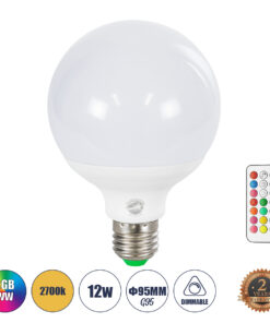 GLOBOSTAR® RGBOO 76071 Λάμπα E27 G95 με IR Ασύρματο Χειριστήριο LED 12W 780lm 260° AC 220-240V IP20 Πολύχρωμο RGB+WW Dimmable - Sanan SMD Chip - Μ9.5 x Π9.5 x Υ14cm - 2 Χρόνια Εγγύηση