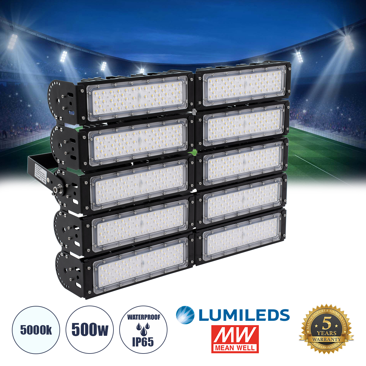 GLOBOSTAR® GOLIATH 90104 Προβολέας για Γήπεδα Tennis & Ποδοσφαίρου 5x5 LED 500W 75000lm 75°x135° SDCM<5 Fish Eye Lens AC 220-240V Αδιάβροχο IP65 IK08 Φυσικό Λευκό 5000K - Lumileds SMD Chip & Mean Well Driver - Μαύρο Ματ - Μ62 x Π22 x Υ45cm - 5 Χρόνια Εγγύηση - Image 2