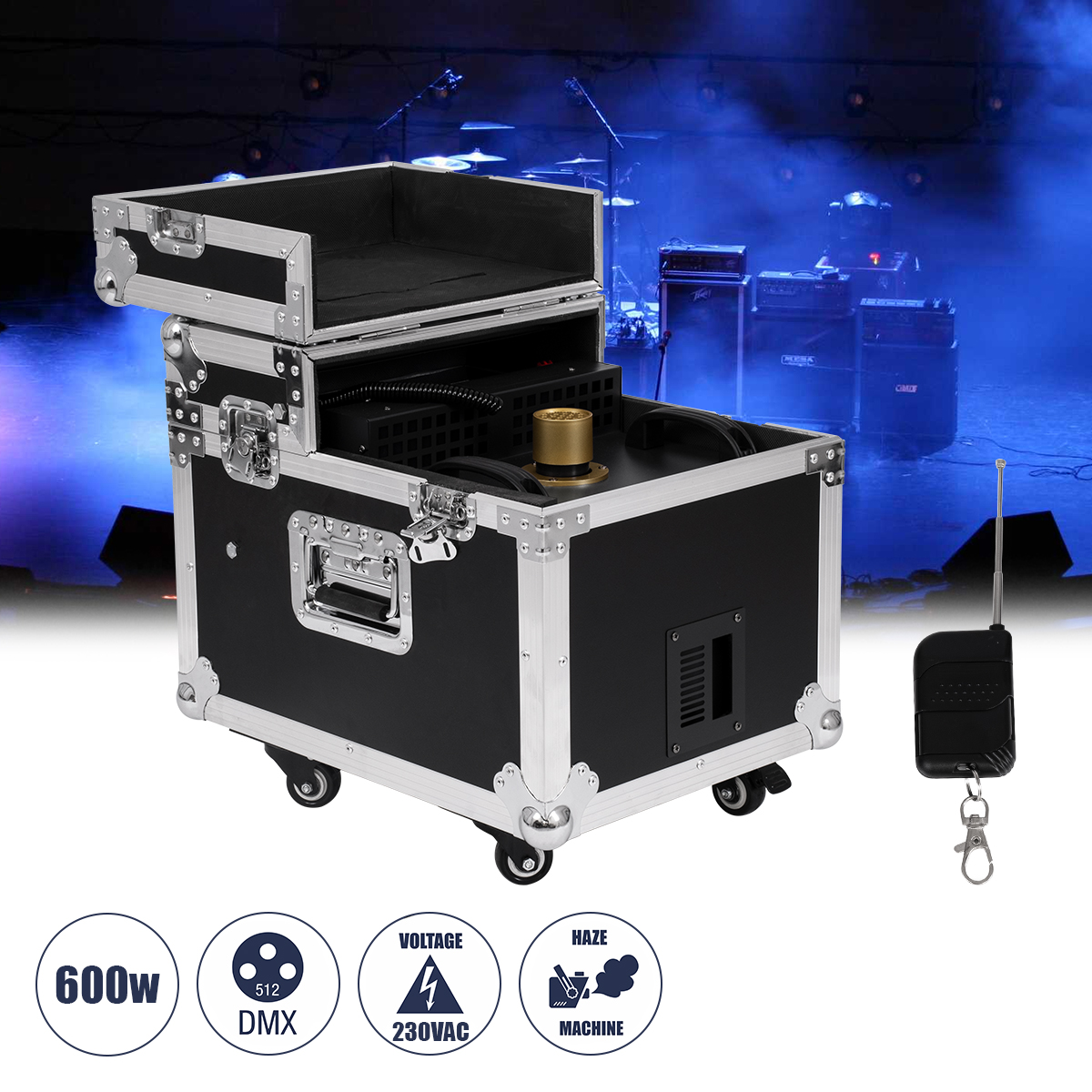 GloboStar® 51170 MERMAID Επαγγελματική Επιδαπέδια Μηχανή Double Haze Machine - Διπλού Εφέ Ομίχλης-Νέφωσης 600W AC 220V-240V DMX512 Display on Body & Ασύρματο Χειριστήριο σε Flight Case - Μαύρο - L49.5 x W38 x H45cm - Image 2