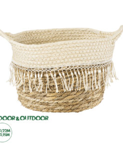 GloboStar® Artificial Garden MYKONOS 20279 Διακοσμητικό Πλεκτό Καλάθι - Κασπώ Γλάστρα - Flower Pot Μπεζ με Μακραμέ Φ22cm x Υ15cm