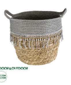 GloboStar® Artificial Garden SYROS 20282 Διακοσμητικό Πλεκτό Καλάθι - Κασπώ Γλάστρα - Flower Pot Μπεζ με Γκρι Φ25 x Υ22cm