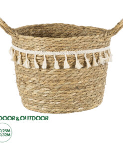 GloboStar® Artificial Garden SANTORINI 20285 Διακοσμητικό Πλεκτό Καλάθι - Κασπώ Γλάστρα - Flower Pot Μπεζ με Μακραμέ Φ25cm x Υ23cm
