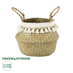 GloboStar® Artificial Garden MILOS 20306 Διακοσμητικό Ψάθινο Καλάθι - Κασπώ Γλάστρα - Flower Pot Μπεζ με Μακραμέ Φ17cm x Υ23cm