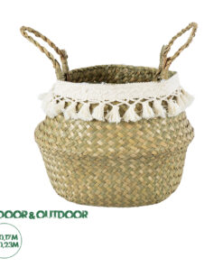 GloboStar® Artificial Garden MILOS 20306 Διακοσμητικό Ψάθινο Καλάθι - Κασπώ Γλάστρα - Flower Pot Μπεζ με Μακραμέ Φ17cm x Υ23cm