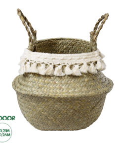 GloboStar® Artificial Garden MILOS 20307 Διακοσμητικό Ψάθινο Καλάθι - Κασπώ Γλάστρα - Flower Pot Μπεζ με Μακραμέ Φ21cm x Υ26cm