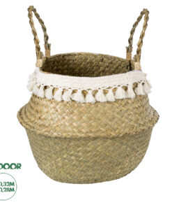 GloboStar® Artificial Garden MILOS 20308 Διακοσμητικό Ψάθινο Καλάθι - Κασπώ Γλάστρα - Flower Pot Μπεζ με Μακραμέ Φ32cm x Υ28cm