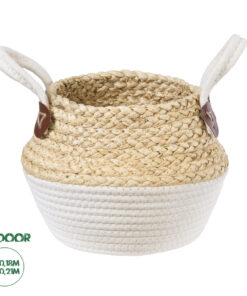 GloboStar® Artificial Garden KIMOLOS 20309 Διακοσμητικό Πλεκτό Καλάθι - Κασπώ Γλάστρα - Flower Pot Μπεζ με Λευκό Φ18cm x Υ21cm