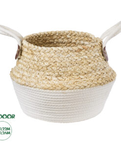 GloboStar® Artificial Garden KIMOLOS 20310 Διακοσμητικό Πλεκτό Καλάθι - Κασπώ Γλάστρα - Flower Pot Μπεζ με Λευκό Φ22cm x Υ26cm