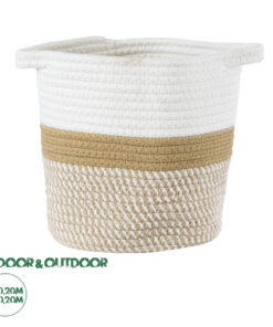 GloboStar® Artificial Garden ITHAKI 20323 Διακοσμητικό Πλεκτό Καλάθι - Κασπώ Γλάστρα - Flower Pot Καφέ με Λευκό Φ20cm x Υ20cm