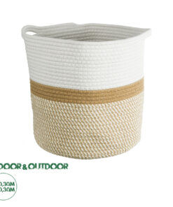 GloboStar® Artificial Garden ITHAKI 20325 Διακοσμητικό Πλεκτό Καλάθι - Κασπώ Γλάστρα - Flower Pot Μπεζ με Λευκό Φ30 x Υ30cm
