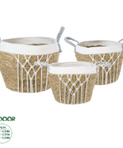 GloboStar® Artificial Garden SARDINIA 20335 ΣΕΤ 3 Διακοσμητικά Πλεκτά Καλάθια - Κασπώ Γλάστρες - Flower Pots Μπεζ με Μακραμέ A:Φ25cm x Υ20cm B:Φ30cm x Υ27cm C:Φ35cm x Υ30cm