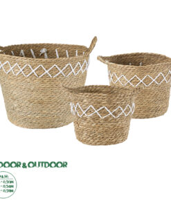 GloboStar® Artificial Garden ZAKYNTHOS 20336 ΣΕΤ 3 Διακοσμητικά Πλεκτά Καλάθια - Κασπώ Γλάστρες - Flower Pots Μπεζ με Μακραμέ A:Φ24cm x Υ20cm B:Φ28cm x Υ24cm C:Φ32cm x Υ28cm