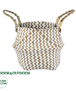 GloboStar® Artificial Garden IOS 20339 Διακοσμητικό Ψάθινο Καλάθι - Κασπώ Γλάστρα - Flower Pot Καφέ με Λευκό Φ18cm x Υ20cm