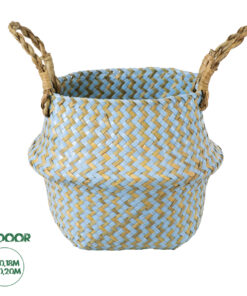 GloboStar® Artificial Garden SKYROS 20340 Διακοσμητικό Ψάθινο Καλάθι - Κασπώ Γλάστρα - Flower Pot Μπλε με Καφέ Φ18cm x Υ20cm