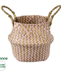 GloboStar® Artificial Garden LEROS 20341 Διακοσμητικό Ψάθινο Καλάθι - Κασπώ Γλάστρα - Flower Pot Ροζ με Καφέ Φ18cm x Υ20cm
