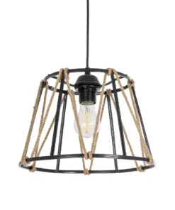 GLOBOSTAR® JUTE 203-0090 Μοντέρνο Κρεμαστό Φωτιστικό Οροφής με Ντουί 1 x E27 AC 220-240V IP20 - Μαύρο & Μπεζ - Μ30 x Π30 x Υ23cm