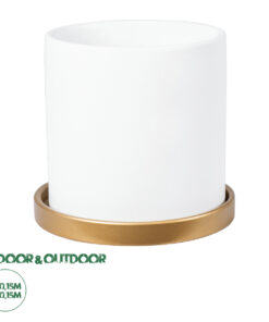 GloboStar® Artificial Garden KASOS 20444 Πήλινο Κεραμικό Κασπώ Γλάστρα - Flower Pot Λευκό με Χρυσό Φ15cm x Υ15cm