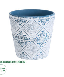 GloboStar® Artificial Garden CASABLANCA 20517 Διακοσμητικό Κεραμικό Κασπώ Γλάστρα - Flower Pot Λευκό με Μπλε Φ14 x Υ13cm