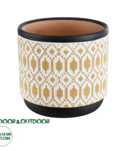 GloboStar® Artificial Garden VARANASI 20524 Διακοσμητικό Κεραμικό Κασπώ Γλάστρα - Flower Pot Χρυσό με Λευκό και Μαύρο Φ14.5 x Υ13cm