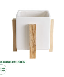 GloboStar® Artificial Garden VALETA 20541 Διακοσμητικό Κεραμικό Κασπώ Γλάστρα - Flower Pot Λευκό με Μπεζ Ξύλο Φ16 x Υ16cm