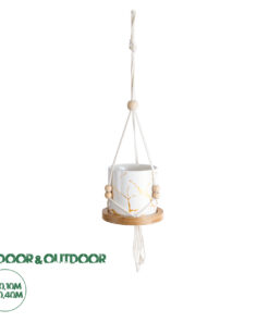GloboStar® Artificial Garden USBOA 20545 Κρεμαστό Διακοσμητικό Κεραμικό Κασπώ Γλάστρα - Flower Pot Λευκό με Χρυσές Λεπτομέρειες και Μπεζ Ξύλινη Βάση Φ10 x Υ40cm