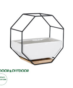 GloboStar® Artificial Garden BIANCO 20557 Διακοσμητικό Κεραμικό Κασπώ Γλάστρα - Flower Pot Λευκό με Μαύρο Μεταλλικό Πλέγμα και Καφέ Ξύλινη Βάση Μ18 x Π10 x Υ18cm
