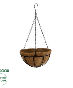 GloboStar® Artificial Garden SALAMINA 20560 Κρεμαστό Διακοσμητικό Κασπώ Γλάστρα - Flower Pot από Φλοιό Καρύδας Καφέ με Μαύρη Μεταλλική Βάση Φ25 x Υ14cm