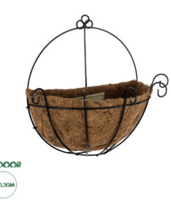 GloboStar® Artificial Garden KOUFONISIA 20562 Κρεμαστό Διακοσμητικό Κασπώ Γλάστρα - Flower Pot από Φλοιό Καρύδας Καφέ με Μαύρη Μεταλλική Βάση Φ30 x Υ33cm