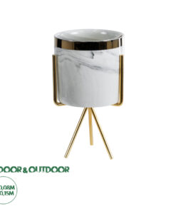 GloboStar® Artificial Garden ALASKA 20565 Διακοσμητικό Κεραμικό Κασπώ Γλάστρα - Flower Pot Λευκό με Χρυσή Μεταλλική Βάση και Μαύρες Λεπτομέρειες Φ8 x Υ15cm