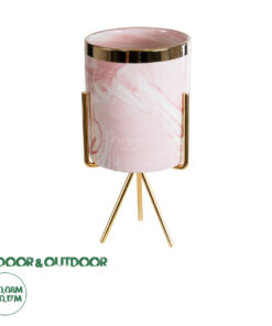 GloboStar® Artificial Garden COLORADO 20566 Διακοσμητικό Κεραμικό Κασπώ Γλάστρα - Flower Pot Ροζ με Χρυσή Μεταλλική Βάση και Λευκές Λεπτομέρειες Φ8 x Υ17cm