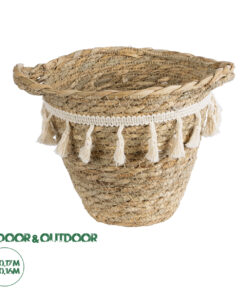 GloboStar® Artificial Garden SANTORINI 20572 Διακοσμητικό Πλεκτό Κασπώ Γλάστρα - Flower Pot Μπεζ με Λευκό Φ17 x Υ16cm