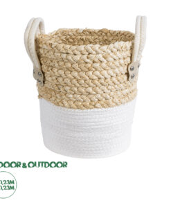 GloboStar® Artificial Garden NEVADA 20575 Διακοσμητικό Πλεκτό Κασπώ Γλάστρα - Flower Pot Μπεζ με Λευκό Φ23 x Υ23cm