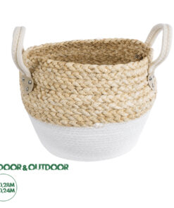 GloboStar® Artificial Garden SANTORINI 20576 Διακοσμητικό Πλεκτό Κασπώ Γλάστρα - Flower Pot Μπεζ με Λευκό Φ28 x Υ24cm