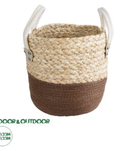 GloboStar® Artificial Garden CAROLINA 20578 Διακοσμητικό Πλεκτό Κασπώ Γλάστρα - Flower Pot Μπεζ με Καφέ και Λευκό Φ23 x Υ23cm